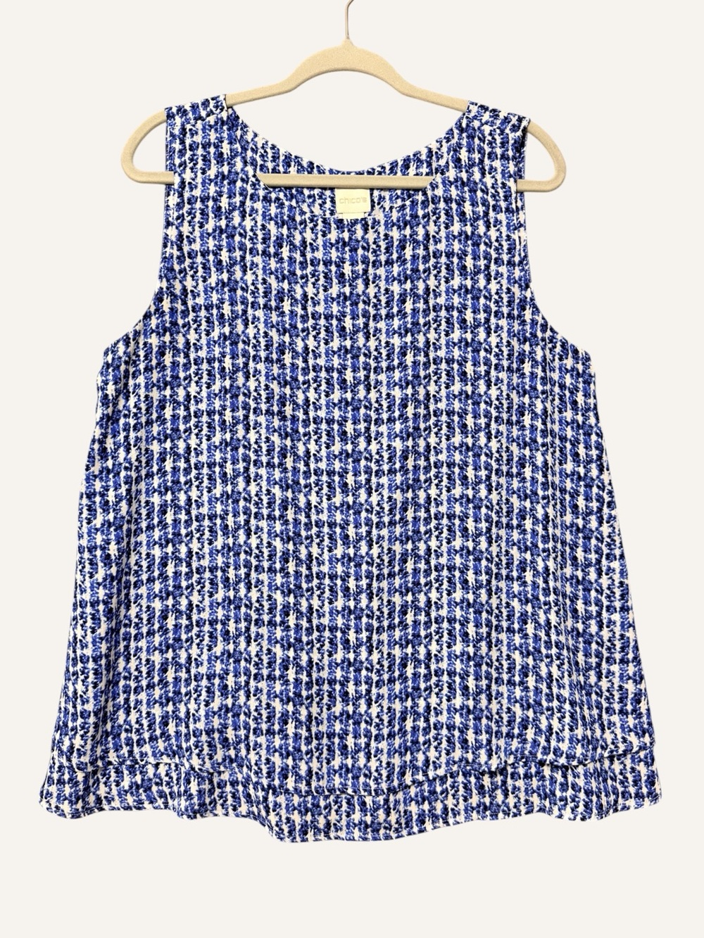 Chico's Layered Flyaway Swing Top Size (2) Large Blue White Batik Sleeveless